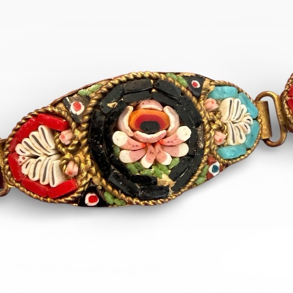 Antique Italy Signed Micro-Mosaic Floral 5 Panel Bracelet - Picture 11 of 13